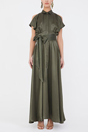 Haki Belden bağlamalı uzun elbise 92982 | 40