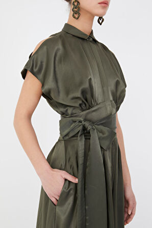 Haki Belden bağlamalı uzun elbise 92982 | 40