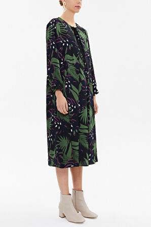 Desenli Yakadan bağcıklı midi elbise 93053 | M