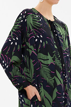 Desenli Yakadan bağcıklı midi elbise 93053 | M