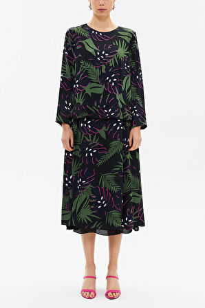 Desenli Fırfır detaylı salaş midi elbise 93081 | 40