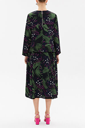 Desenli Fırfır detaylı salaş midi elbise 93081 | 40