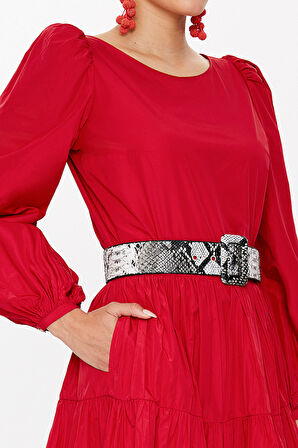 Kırmızı Balon kol elbise 93126 | 40