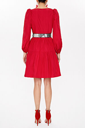 Kırmızı Balon kol elbise 93126 | 40