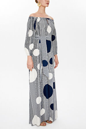 Çizgili Kayık yaka uzun elbise 93111 | 42