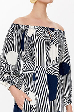 Çizgili Kayık yaka uzun elbise 93111 | 42