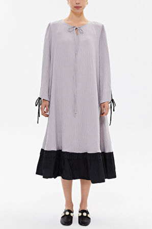 Gri Önü piliseli midi elbise 93152 | M