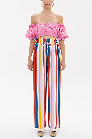 Çizgili Bol kesim beli lastikli pantolon 41369 | 44