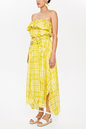 Asit Sarı Straplez belden bağlamalı elbise 93116 | 42