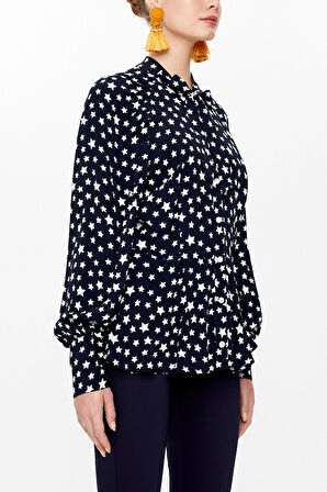 Siyah Yakası bağlamalı balon kollu gömlek 10748 | 40