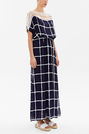 Mavi Yakası dantelli kuşaklı uzun elbise 93205 | 40