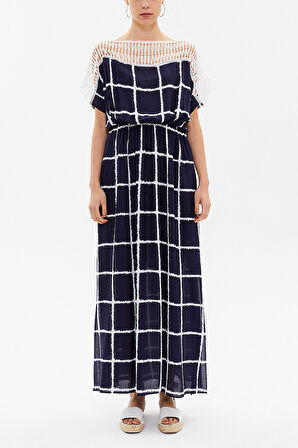 Mavi Yakası dantelli kuşaklı uzun elbise 93205 | 42