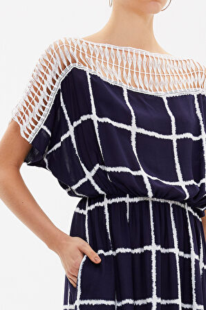 Mavi Yakası dantelli kuşaklı uzun elbise 93205 | 42