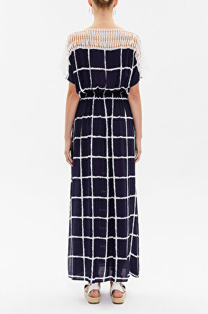 Mavi Yakası dantelli kuşaklı uzun elbise 93205 | 42