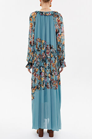 Mavi Desenli Fırfırlı uzun elbise 93315 | 40