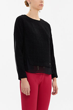 Siyah Şifon ve yırtmaç detaylı tüvit bluz 19808 | 44