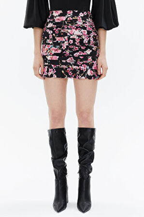 Siyah Zemin Çiçek Baskılı Büzgülü dar kesim midi etek 81123 | 42