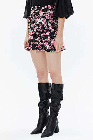 Siyah Zemin Çiçek Baskılı Büzgülü dar kesim midi etek 81123 | 42