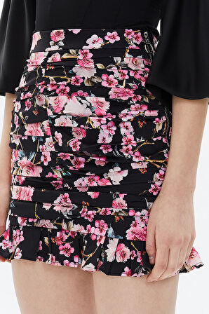 Siyah Zemin Çiçek Baskılı Büzgülü dar kesim midi etek 81123 | 42