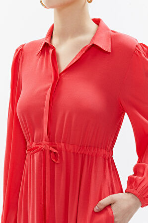 Kırmızı Büzgülü kemer detaylı midi elbise 93323 | 48