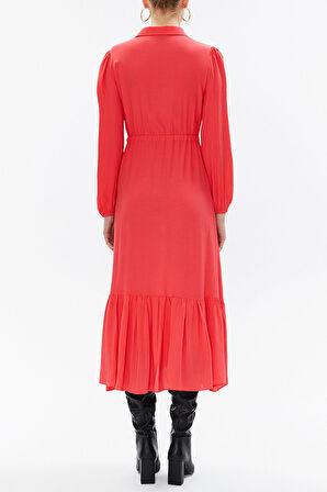 Kırmızı Büzgülü kemer detaylı midi elbise 93323 | 48