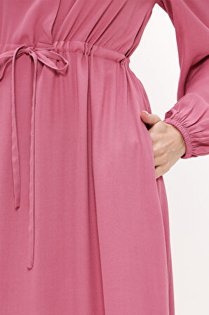 Koyu Pembe Büzgülü kemer detaylı midi elbise 93323 | 46
