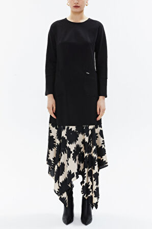 Siyah Desenli kumaş  kombinli asimetrik elbise 93308 | 40