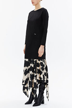 Siyah Desenli kumaş  kombinli asimetrik elbise 93308 | 40