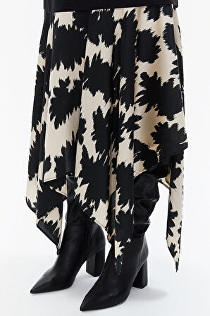 Siyah Desenli kumaş  kombinli asimetrik elbise 93308 | 40