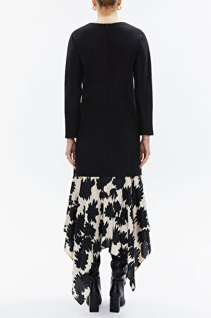 Siyah Desenli kumaş  kombinli asimetrik elbise 93308 | 40