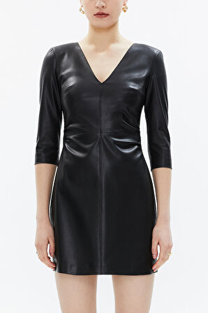 Siyah Pilili V yaka yandan fermuarlı mini elbise 93350 | 44