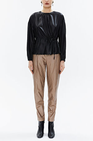 Siyah Düşük omuz kordonlu bol kesim bluz 19819 | 44