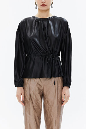 Siyah Düşük omuz kordonlu bol kesim bluz 19819 | 44