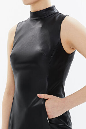 Siyah Deri dar kesim fermuarlı elbise 93360 | 42