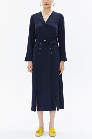 Lacivert Anvelop kapama  kemerli midi elbise 93322 | 40