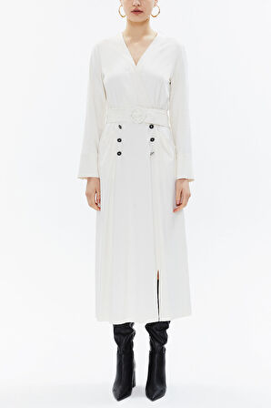 Ekru Anvelop kapama  kemerli midi elbise 93322 | 44