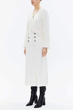 Ekru Anvelop kapama  kemerli midi elbise 93322 | 44