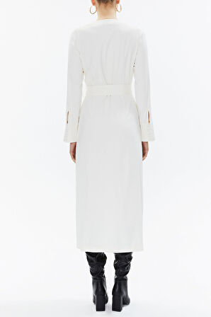 Ekru Anvelop kapama  kemerli midi elbise 93322 | 44