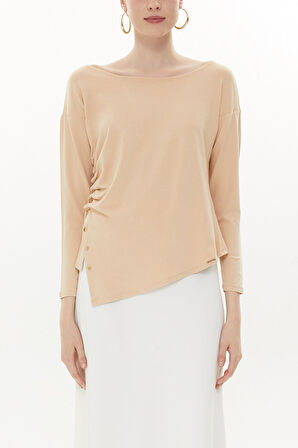 Bej Asimetrik çıtçıt detaylı bluz 19818 | 42