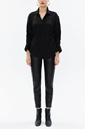 Siyah Kolu büzgülü dar kesim gömlek 10756 | 44