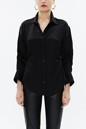 Siyah Kolu büzgülü dar kesim gömlek 10756 | 44