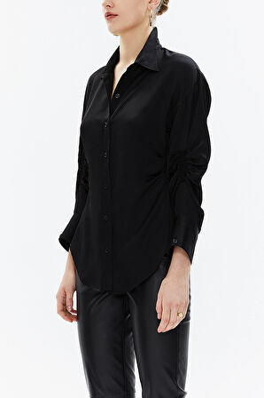 Siyah Kolu büzgülü dar kesim gömlek 10756 | 44