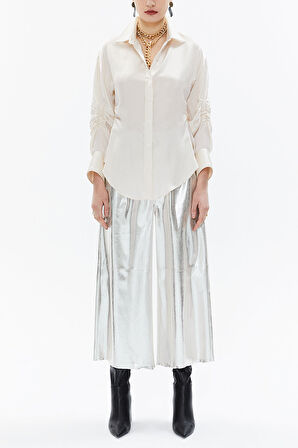 Bej Kolu büzgülü dar kesim gömlek 10756 | 46