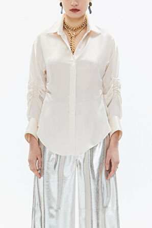 Bej Kolu büzgülü dar kesim gömlek 10756 | 46