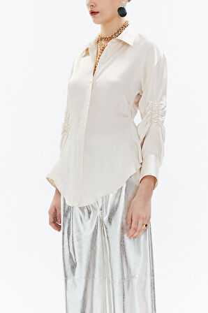 Bej Kolu büzgülü dar kesim gömlek 10756 | 46