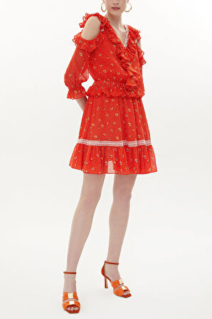 Turuncu Omuzu dekolte mini elbise 93139 | 40