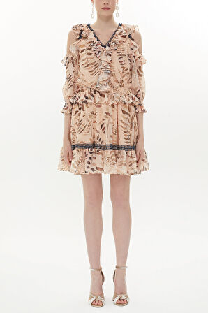 Bej Omuzu dekolte mini elbise 93139 | 40