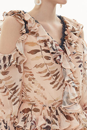 Bej Omuzu dekolte mini elbise 93139 | 40