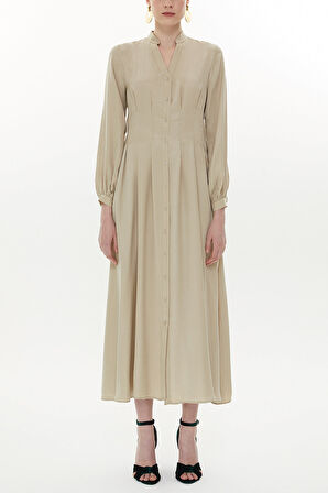 Bej Beli dikiş detaylı  uzun elbise 93367 | 40