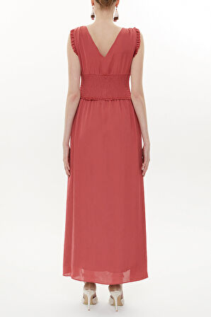 Kırmızı Beli lastikli V yaka kolsuz uzun elbise 93348 | 42